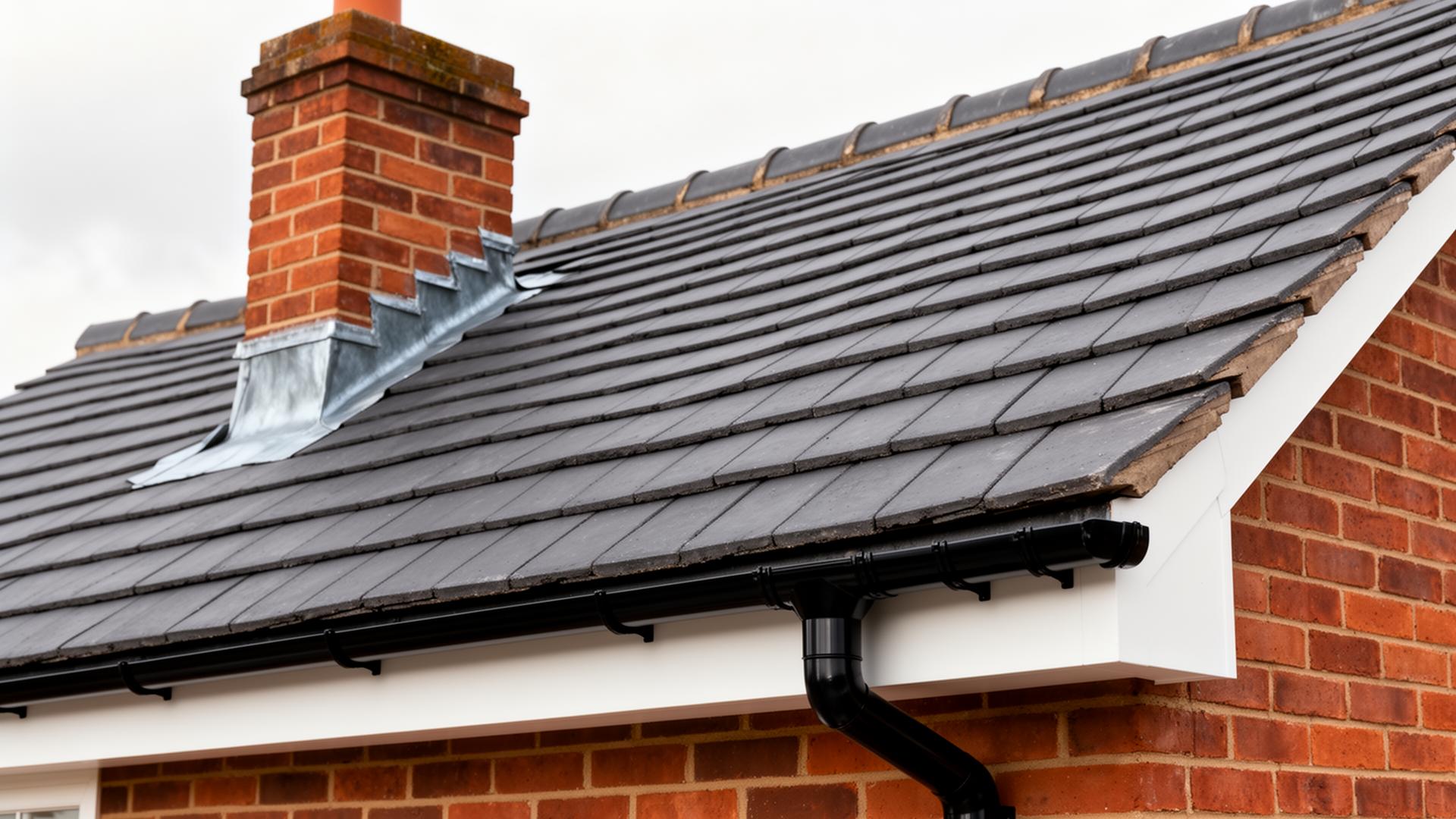 Newly tiled pitched roof with brick chimney, lead flashing and black guttering — Philbert Construction roofing project in Reading & Berkshire